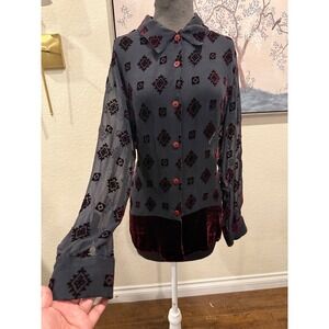 Jessica Holbrook Silk Blend Velvet Burnout Blouse black Burgundy Geometric Large